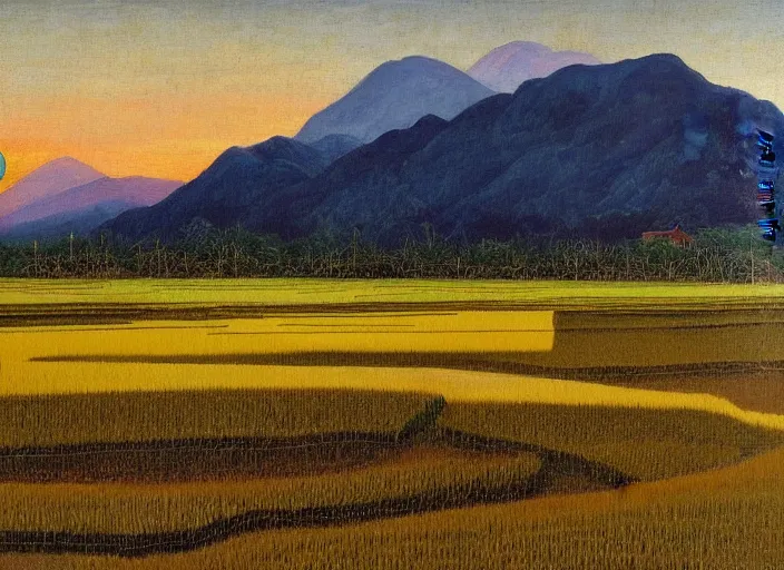 Image similar to painting of a rice paddy with two big mountains in the background, a wide asphalt road!!!! divides paddy field in the middle composition, big yellow sun rising between 2 mountains, oil painting by old master masterpiece