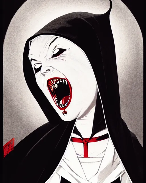 Prompt: scary female vampire nun, symmetrical face, evil grin, nun outfit, portrait size, cinematic, dramatic, super detailed and intricate, by koson ohara, by darwyn cooke, by greg rutkowski, by satoshi kon