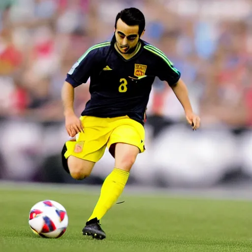 Prompt: high quality, hd picture of a labrador retriever barking at xavi hernandez in a soccer pitch