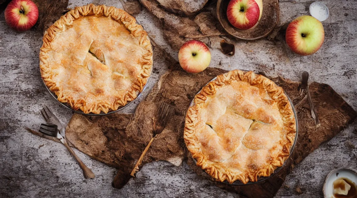 Image similar to photo of a delicious apple pie on a plate on the table of a rustic farmhouse in cornwall food photography, photorealistic, ultra realistic, maximum detail, recipes.com, epicurious, instagram 8k, volumetric light, cinematic, octane render