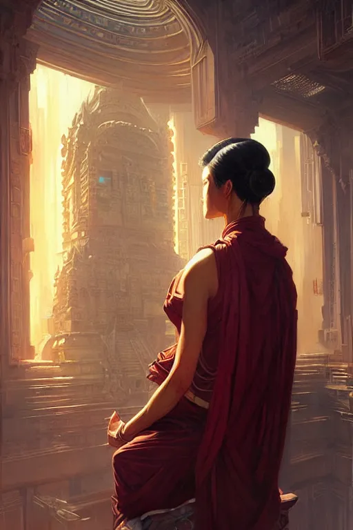 Image similar to temple, cyberpunk, buddhism, painting by greg rutkowski, j. c. leyendecker, artgerm