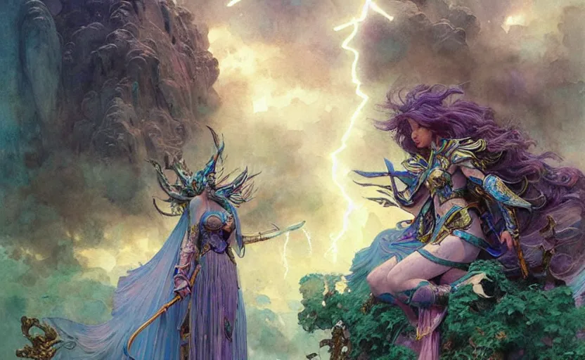 Prompt: the lightning goddess whearing knight armor, fantasy. intricate, amazing composition, colorful watercolor, by ruan jia, by maxfield parrish, by marc simonetti, by hikari shimoda, by robert hubert, by zhang kechun, illustration, gloomy