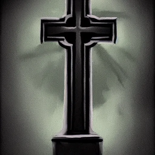 Prompt: A beautiful painting of a cross headstone in a old cemetary Trending on artstation.       dark color scheme