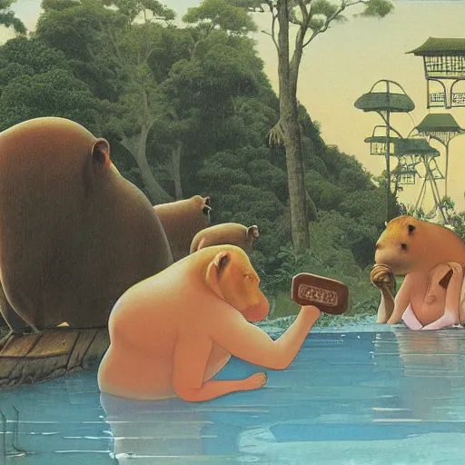 Prompt: a painting of capybaras at the japanese hot springs by thomas blackshear