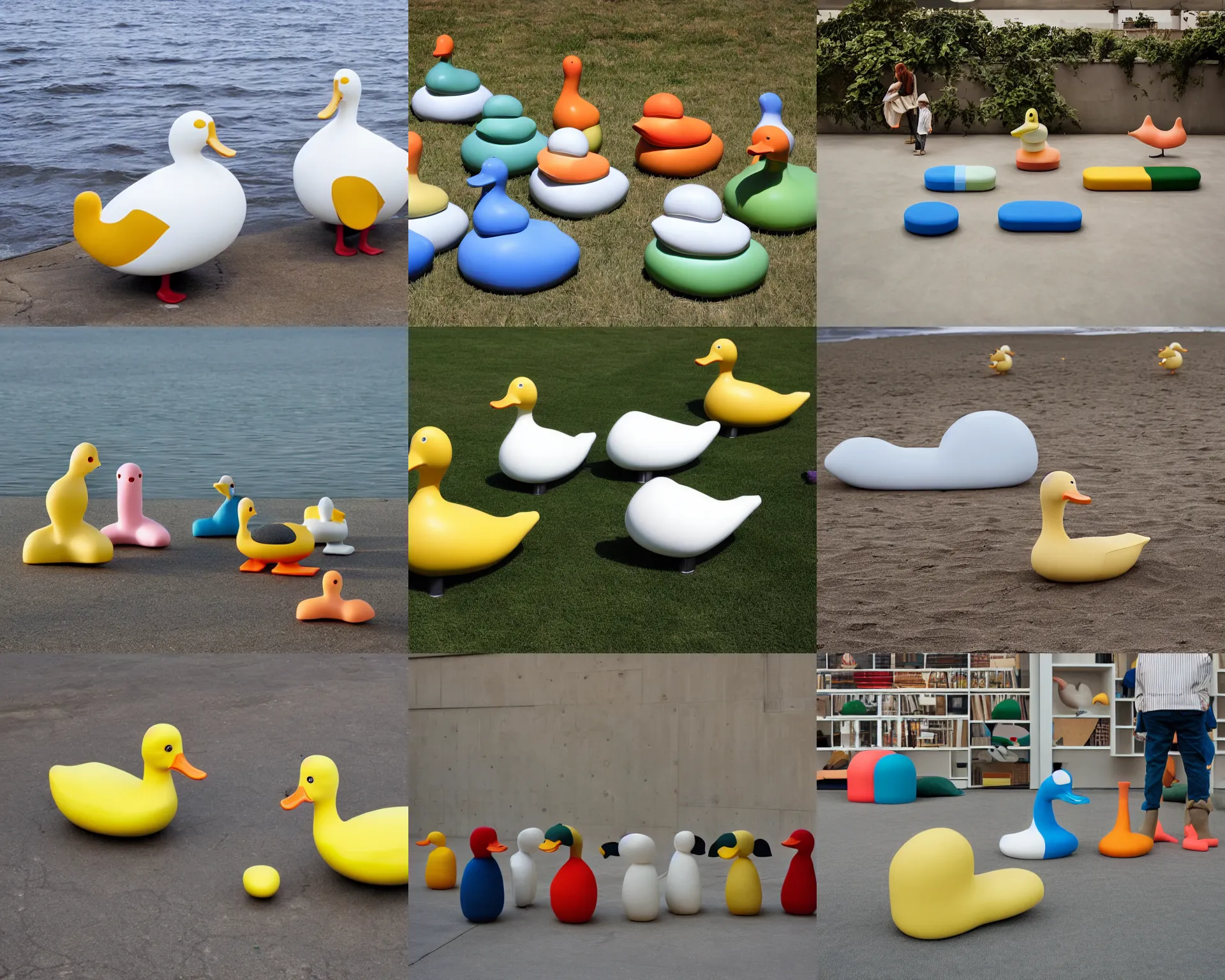 Prompt: duck duck goose giant toys by dieter rams at cloudy shore