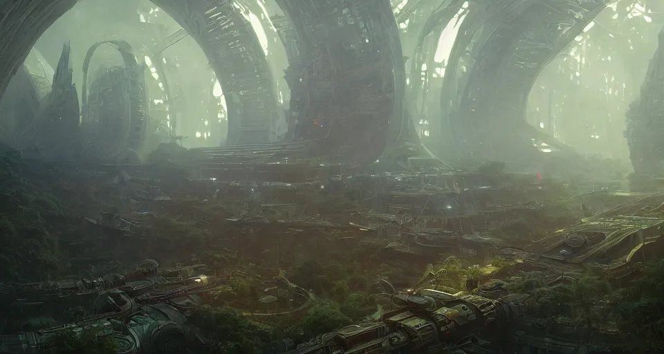 Image similar to Retro futuristic Sci-Fi space forest scene, Giant Aztec space city, volumetric light, fog, dusk lighting, intricate details ,by denis villeneuve, Ridley Scott, Greg Rutkowski and Alphonse Mucha