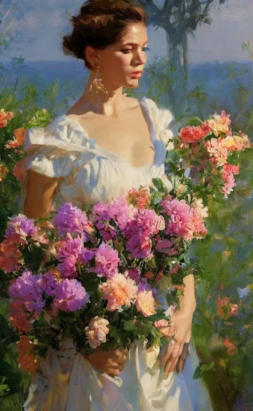 Prompt: romantic portrait of in an elegant dress surrounded by beautiful flowers, by gregory manchess, james gurney, james jean, realistic, photo, 8 k