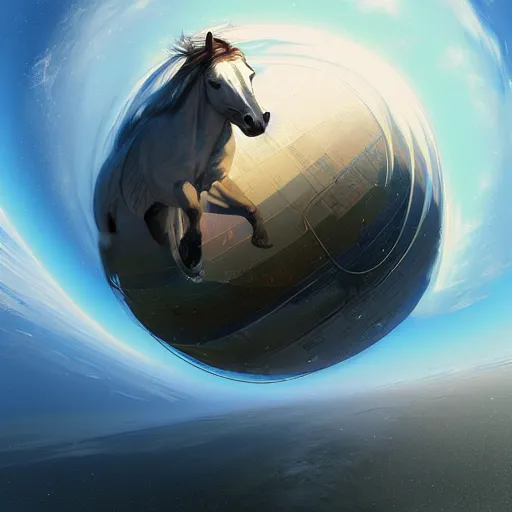 Image similar to sphere like horse, space, vacuum, hyperrealism, no blur, 4 k resolution, ultra detailed, style of ron cobb, adolf hiremy - hirschl, syd mead, ismail inceoglu, rene margitte