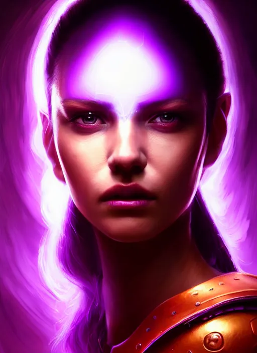 Prompt: top down lighting, extreme close up, stunning portrait of a woman in purple leather future armor with a long black ponytail, purple eyes, glowing with void energy, spaceship hallway, intricate, harsh red lighting, highly detailed, digital painting, artstation, concept art, smooth, sharp focus, illustration, art by wlop, mars ravelo and greg rutkowski