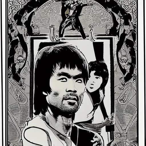 Prompt: Bruce Lee and Chuck Norris on tarot card design, black and white , in the style of Mucha, the way of dragon movie