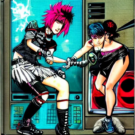 Image similar to punk girl destroying a crt tv with a spiked baseball by ayami kojima