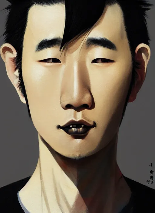 Image similar to portrait of a japanese man with a crooked nose and a confident expression, 1 9 6 0 s, black clothes, goth, punk, brightly coloured hair, funk, intricate, elegant, highly detailed, digital painting, artstation, concept art, smooth, sharp focus, illustration, art by wlop, mars ravelo and greg rutkowski