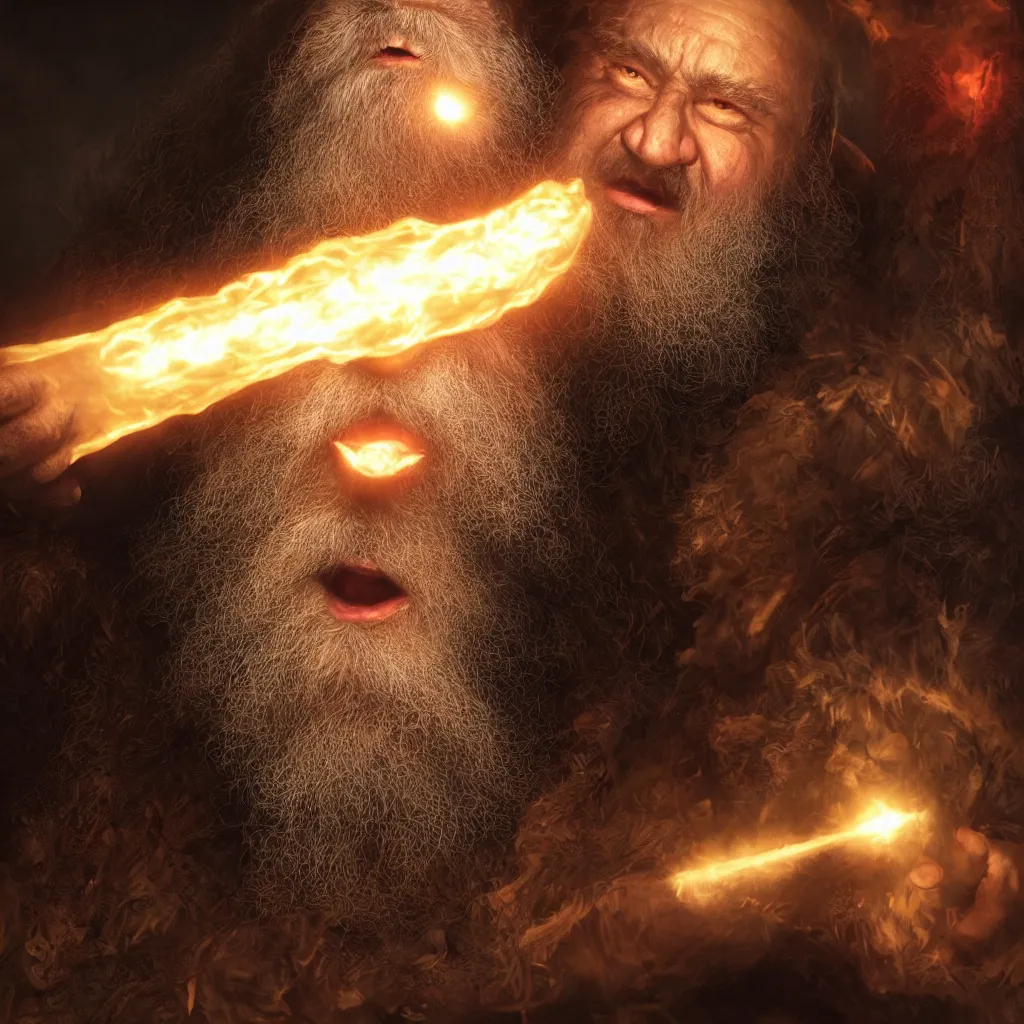 Image similar to Photorealistic cinematic close-up portrait of one angry dwarf wizard casting a fireball spell, by Larry Elmore and Steven Belledin . Magical occult photorealism, UHD, amazing depth, glowing, golden ratio, 3D octane cycle unreal engine 5, volumetric lighting, cinematic lighting, cgstation artstation concept art