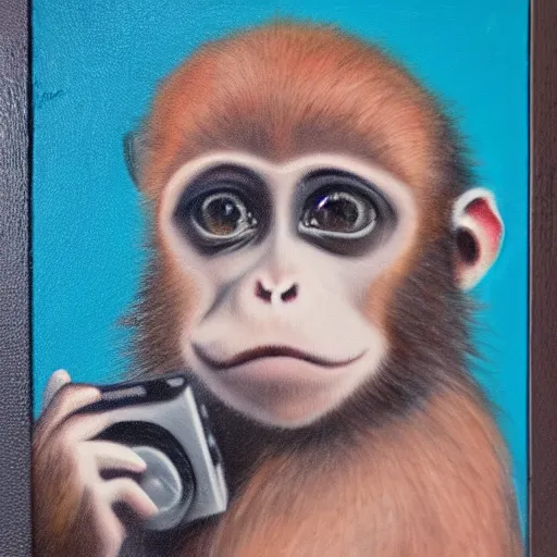 Prompt: Portrait of an Emo monkey holding a camera, oil painting