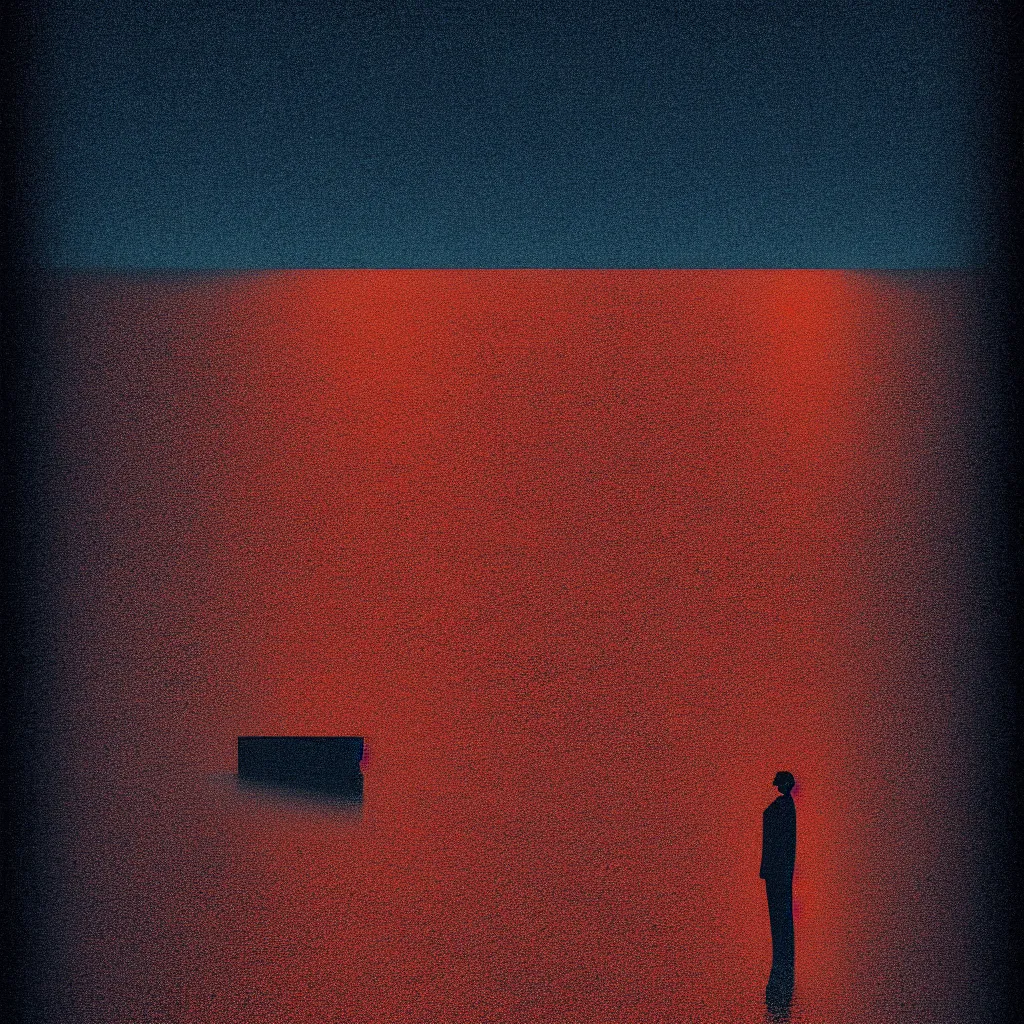 Image similar to standing in a lake full body reflection night sky by, mads berg, karolis strautniekas, film noir, stippled light, dramatic lighting, editorial illustration, detailed, fine texture, matte print, art deco, brutalism, dark blue + dark orange, red, black, ( ( habitat 6 7 background ) )