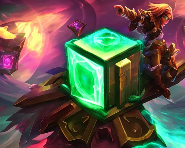 Prompt: league of legends champion splashart of a cube champion, fully rectangle glowing cube.