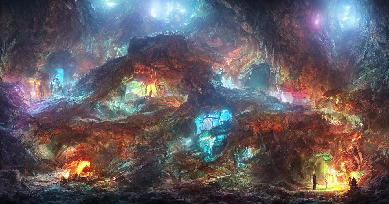 Prompt: futuristic archaeologists are excavating buried alien nest hidden in deep dark wet cave, deep sense of horror atmosphere, visual fidelity and plasticity, colorful digital art, vivid colors, in style of fenghua zhong