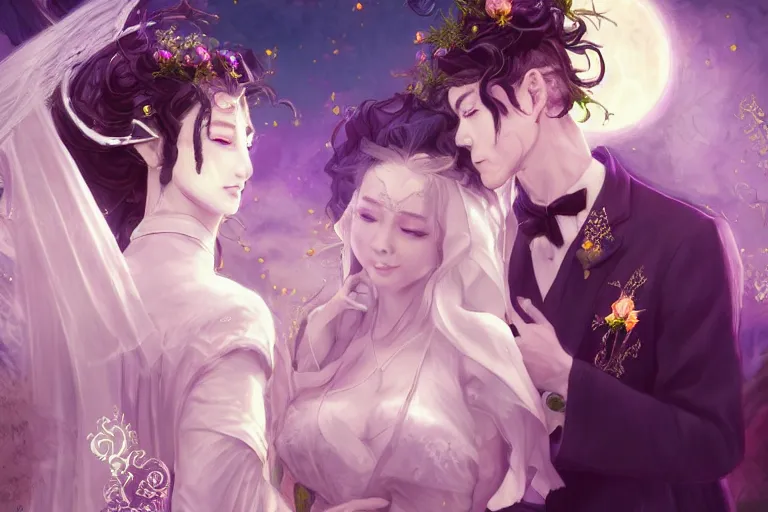 Image similar to a cinematic portrait of wedding photograph jpeg close up moment of a divine a japan sun god and moon goddess lovers magician at a wedding banquet. portraiture. digital painting. artstation. concept art. fantasy wedding photo. digital painting, 8 k realistic, hyper detailed, violet evergarden art masterpiece by art by krenz cushart