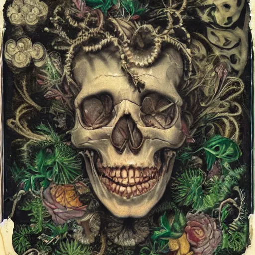 Image similar to a beautiful detailed front view baroque portrait of a rotten woman corpse becoming almost a skull with fractal plants and fractal flowers and mushrooms growing around, intricate, ornate, volumetric light, beautiful lit, polaroid photography