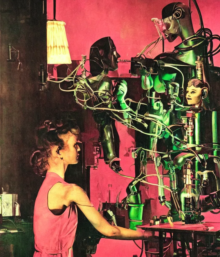 Prompt: a female mad scientist building a humanoid robot, in a darkly lit laboratory room, 1 9 5 0 s horror movie poster style, norman rockwell oil painting, close - up shot, retro science fiction, vintage, saturated pink and green lighting, shadowy lighting, cohesive