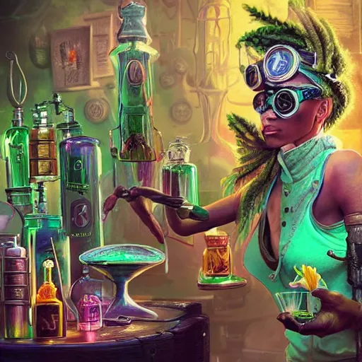 Prompt: a beautiful stunning interesting photorealistic digital illustration of a woman wearing steampunk safety goggles while mixing potions, in a potion shoppe, colorful bottles and plants, awesome and moody afrofuturism by marc poole and tyler edlin