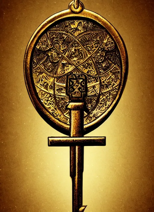 Image similar to medium shot, golden key, fantasy illustration, medieval era, blank background, studio lighting, hand - drawn digital art, 4 k, trending on artstation, symmetry