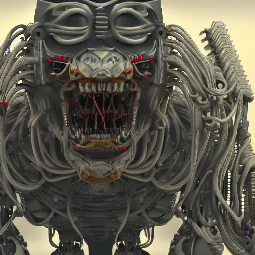 Image similar to robot demon with no mouth, abomination, scary, lots of wires, 8 k, highly detailed, extreme detail, photorealism
