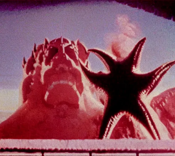 Image similar to Pulgasari the North Korean monster, volumetric lighting, filmstill, produced by Kim Jong-il, Kodachrome, kaiju-eiga, starfish monster movie, communist propaganda, film noir, 35mm film grain, Cooke Varotal 20-100mm T3.1