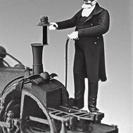 Prompt: archive photograph, 1856, train conductor uses a 3d printer on a steam engine