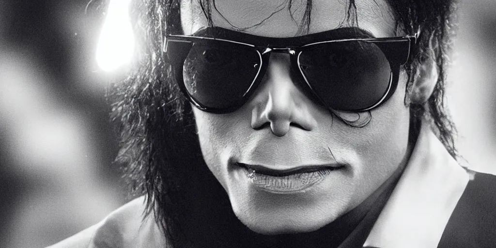 Prompt: michael jackson 2 0 0 9 wearing shades, multiverse, mj, alone, this is it style, photo real, motion blur, by himself, real life, spotted, ultra realistic face, accurate, 4 k, movie still, uhd, sharp, detailed, cinematic, render, modern