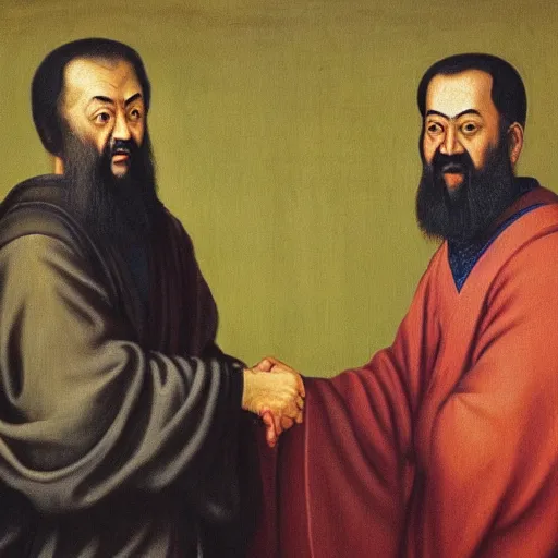 Image similar to Aristotle and Confucius shaking hands, oil painting, by Rafael, 4k,