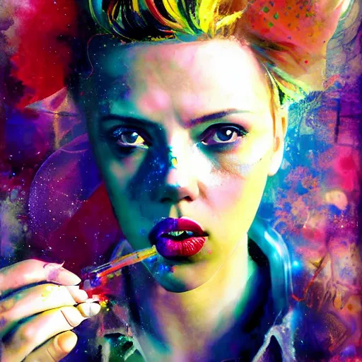 Image similar to drunken scarlett johansson as delirium from sandman, one green eye and one blue eye, hallucinating colorful soap bubbles, by jeremy mann, by sandra chevrier, by dave mckean and richard avedon and maciej kuciara, 1 9 8 0's, punk rock, tank girl, high detailed, 8 k