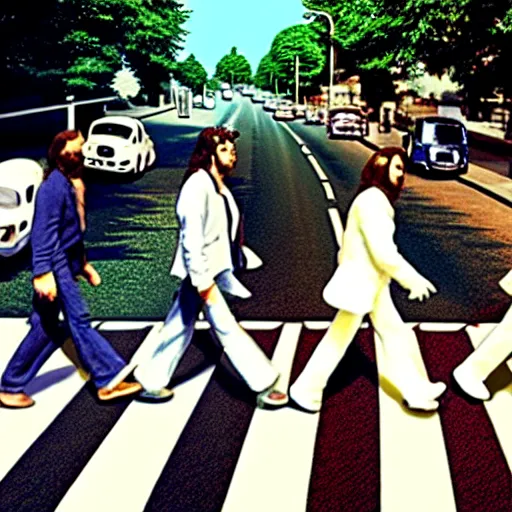 Image similar to 4 men walking on crosswalk on abbey road, city, digital art, 8 k.