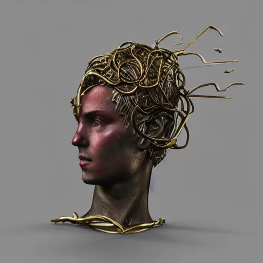 Prompt: greek godness portrait sculpture, face, body, white marble and brass, gold vines and red spines, obsidian coral, 3d render, artstation