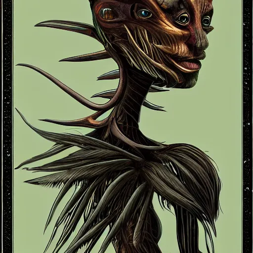 Prompt: detailed illustration of attractive humanoid alien species with beautiful human face, human torso, dark fae, black feathers instead of hair, feathers growing out of skin, wings growing out of arms, transformation, tim burton, guillermo del toro