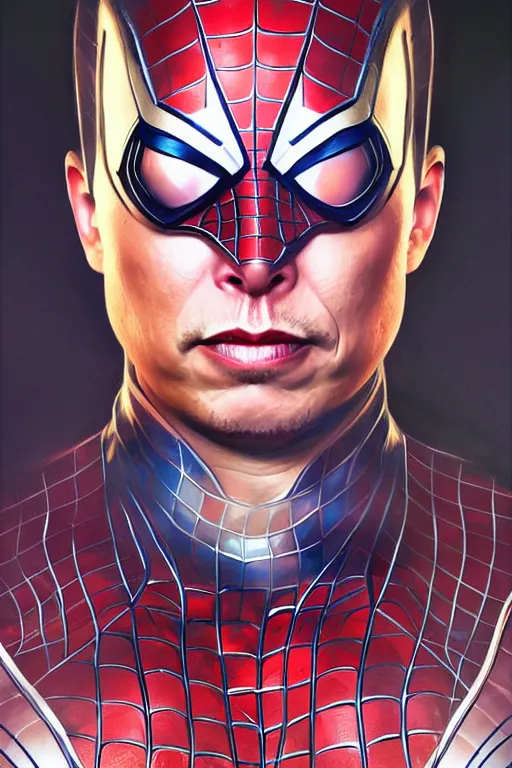 Image similar to elon musk in spider man suit, marvel character, realistic portrait, symmetrical, highly detailed, digital painting, artstation, concept art, smooth, sharp focus, illustration, cinematic lighting, art by artgerm and greg rutkowski and alphonse mucha