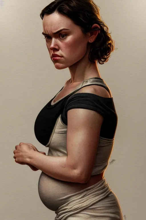 Image similar to pregnant daisy ridley in a tank top, realistic portrait, symmetrical, highly detailed, digital painting, artstation, concept art, smooth, sharp focus, illustration, cinematic lighting, art by artgerm and greg rutkowski and alphonse mucha