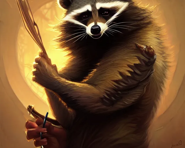 Prompt: anthropomorphic raccoon scientist, deep focus, d & d, fantasy, intricate, elegant, highly detailed, digital painting, artstation, concept art, matte, sharp focus, illustration, hearthstone, art by artgerm and greg rutkowski and alphonse mucha