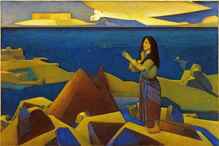 Prompt: the wake of the unseen object,by Nicholas Roerich and William Dyce and Diego Rivera, symbolist, dramatic lighting, elaborate geometric ornament, cool blue and green colors, Art Brut, smooth, sharp focus, extremely detailed