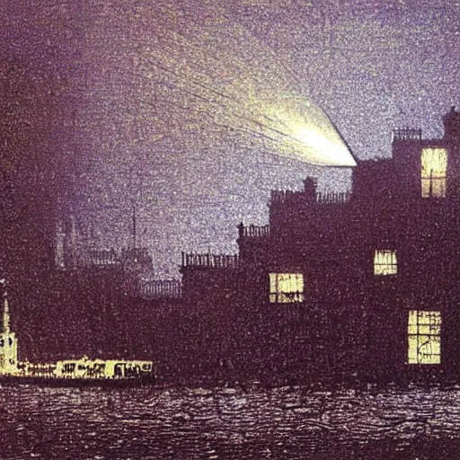 Prompt: A Zeppelin caught in searchlight beams during an air raid on London in the style of John Atkinson Grimshaw