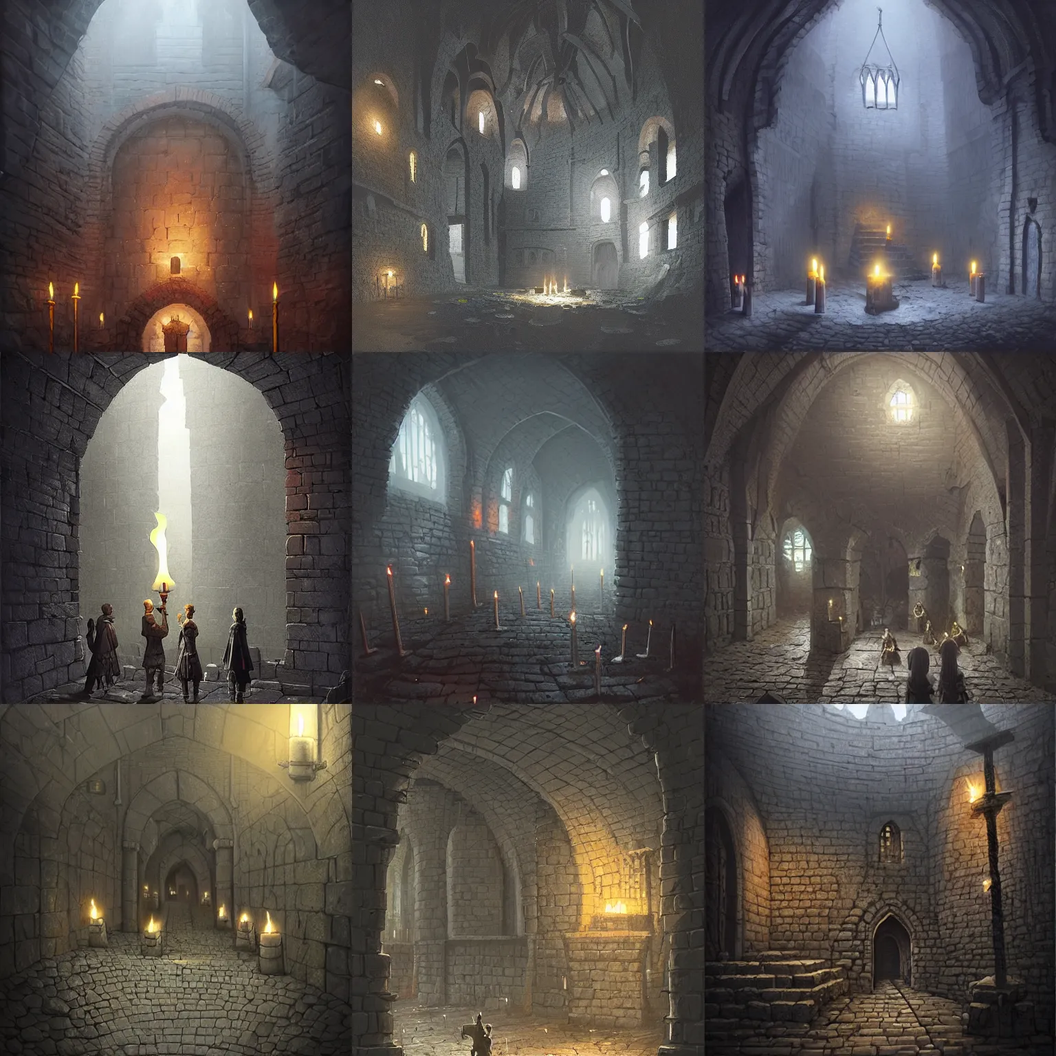 Prompt: underground dark medieval castle dungeon, grey brick, glowing candles, no people, silent, scenery matte painting concept art, cell shaded, trending on behance, artstation, by Greg Rutkowski, Cushart Krentz and Gilleard James Jesper Ejsing, by RHADS and Makoto Shinkai and Lois van baarle and ilva kuvshinov and rossdraws