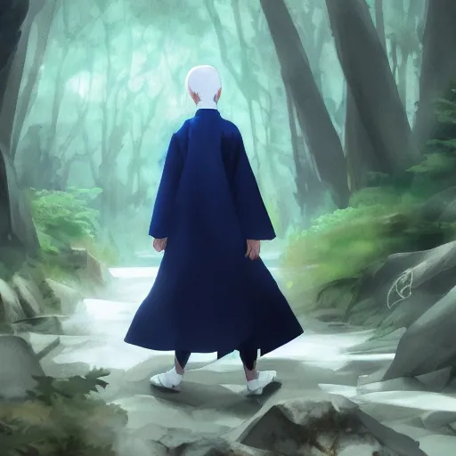 Image similar to concept art painting of an anthropomorphic humanoid albino raven wearing dark blue robes, in the deep forest, realistic, detailed, cel shaded, in the style of makoto shinkai and greg rutkowski and james gurney