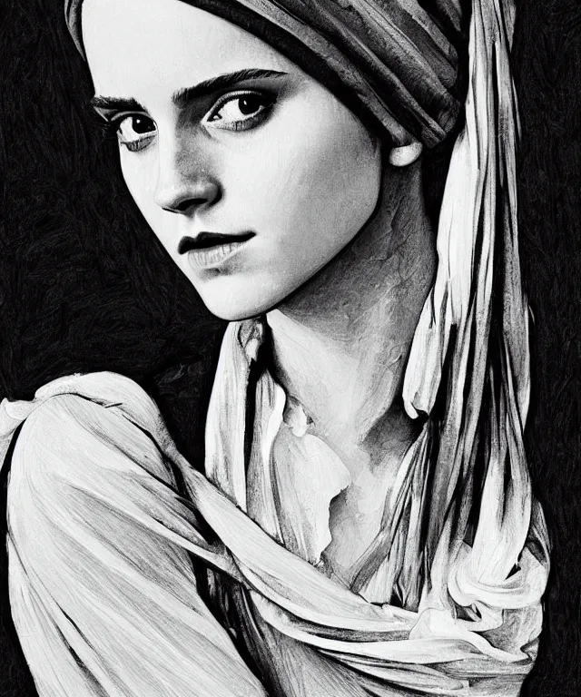 Image similar to Emma Watson as the girl with the pearl earring, highly detailed, digital painting, artstation, concept art, smooth, sharp focus, illustration, ArtStation, art by artgerm and greg rutkowski and alphonse mucha and J. C. Leyendecker and Edmund Blair Leighton and Katsuhiro Otomo and Geof Darrow and Phil hale and Ashley wood and Ilya repin and Charlie Bowater