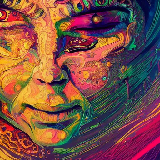 Image similar to An extremely psychedelic experience, colorful, surreal, dramatic lighting, cosmonaut, LSD, face, detailed, intricate, elegant, highly detailed, digital painting, artstation, concept art, smooth, sharp focus, illustration, art by Sam Spratt, Dan Mumford, Artem Demura and Alphonse Mucha