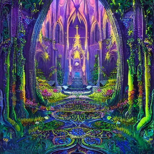 Image similar to a beautiful and highly detailed landscape painting of a cathedral in a beautiful garden in a mystical forest, psychedelic, intricate details, epic scale, insanely complex, 8 k, sharp focus, by eyvind earle