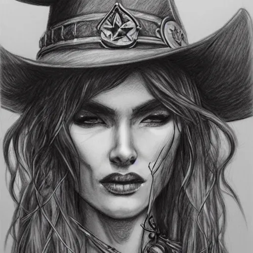 Prompt: beautiful cowboy witch, wild west, detailed, concept art, pencil drawing, trending on artstation