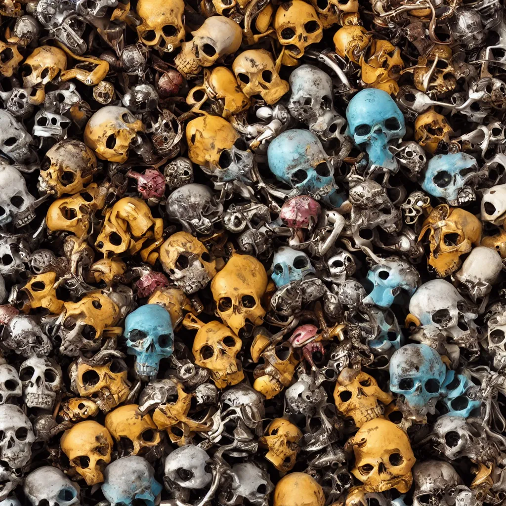 Image similar to a collection of rare large insects and metal skulls, inside different color wooden boxes. top down photo, close macro photo. cinema 4d render , studio photo, 8k