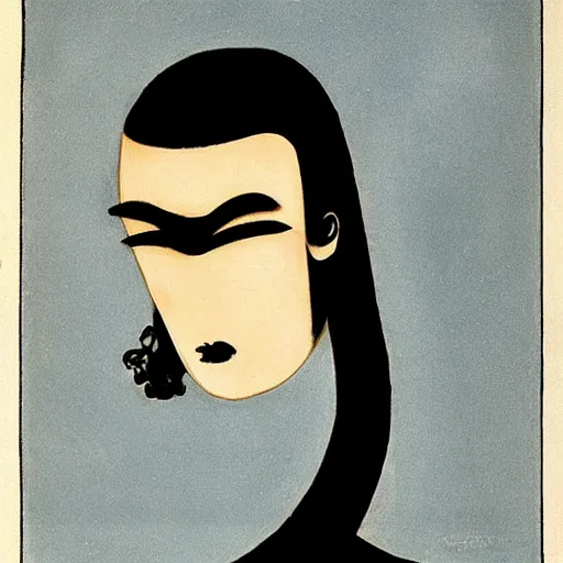 Image similar to A beautiful experimental art. She could have been bred from a shark and a hatchet. Black eyes, sharp features, lips so thin they might as well not have existed. Dexter's Lab by Gustave Van de Woestijne shadowy