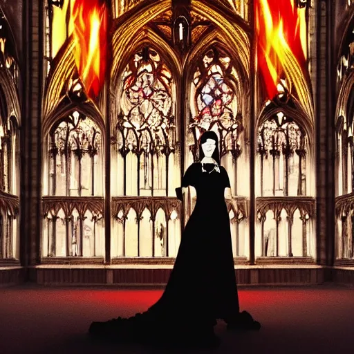 Image similar to movie shot, landcape, architectural shot, no decaying lines, background of an alabaster gothic cathedral, with long ephimeral windows with reflection of red flames, as subject a gothic woman with an intricate arabesque detailed black dressed, macro head face