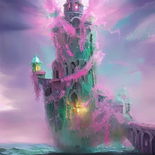 Prompt: a delicate ornate white fantasy tower with pink and green decoration splashes upwards from a turbulent ocean, dramatic lighting, rich colors, beautiful oil painting, artstation, whole tower can be seen.